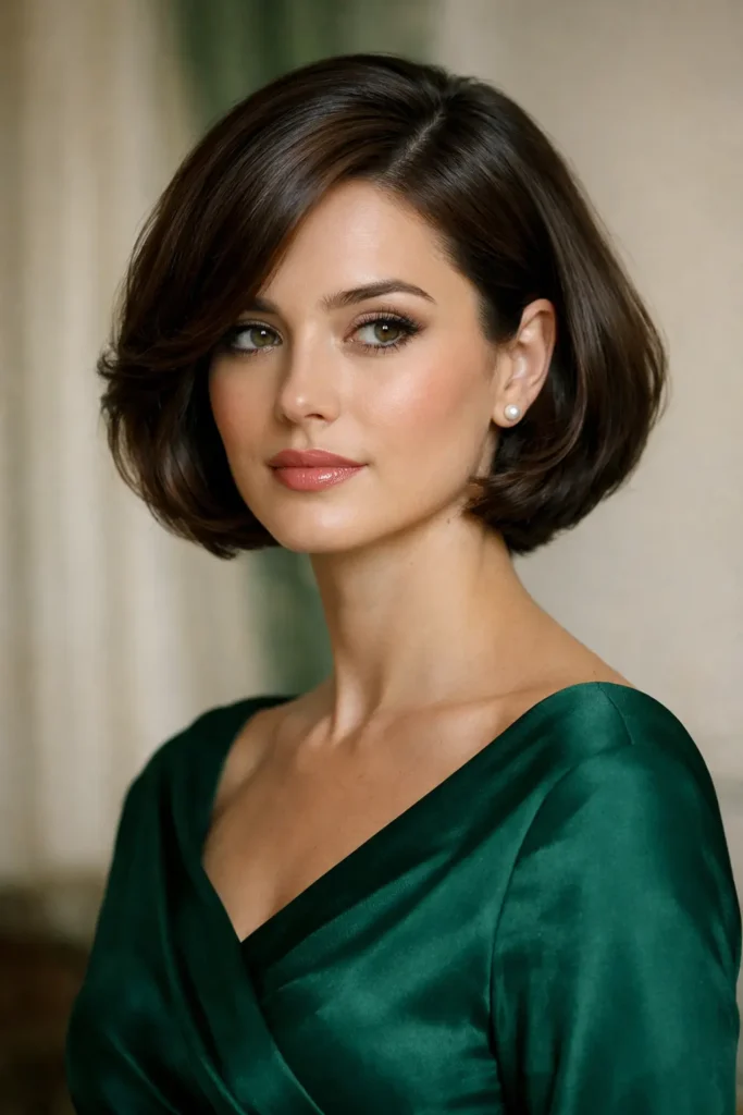 Elegant woman with a side-swept old money bob haircut, featuring a deep side part and smooth glossy hair, wearing a deep green dress in natural lighting, highly detailed with realistic hair texture and a timeless sophisticated style.