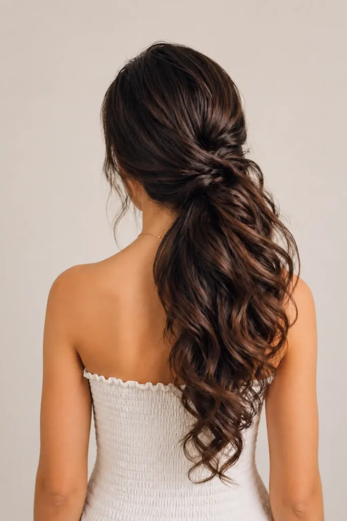Back view of a young woman with long, side-swept curls gathered over one shoulder, showing soft flowing texture, natural shine, and voluminous waves