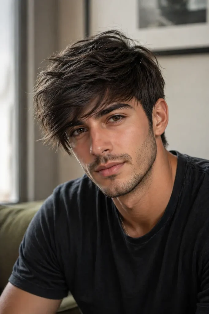 a man with a textured side-swept fringe hairstyle, styled casually with natural volume and movement.