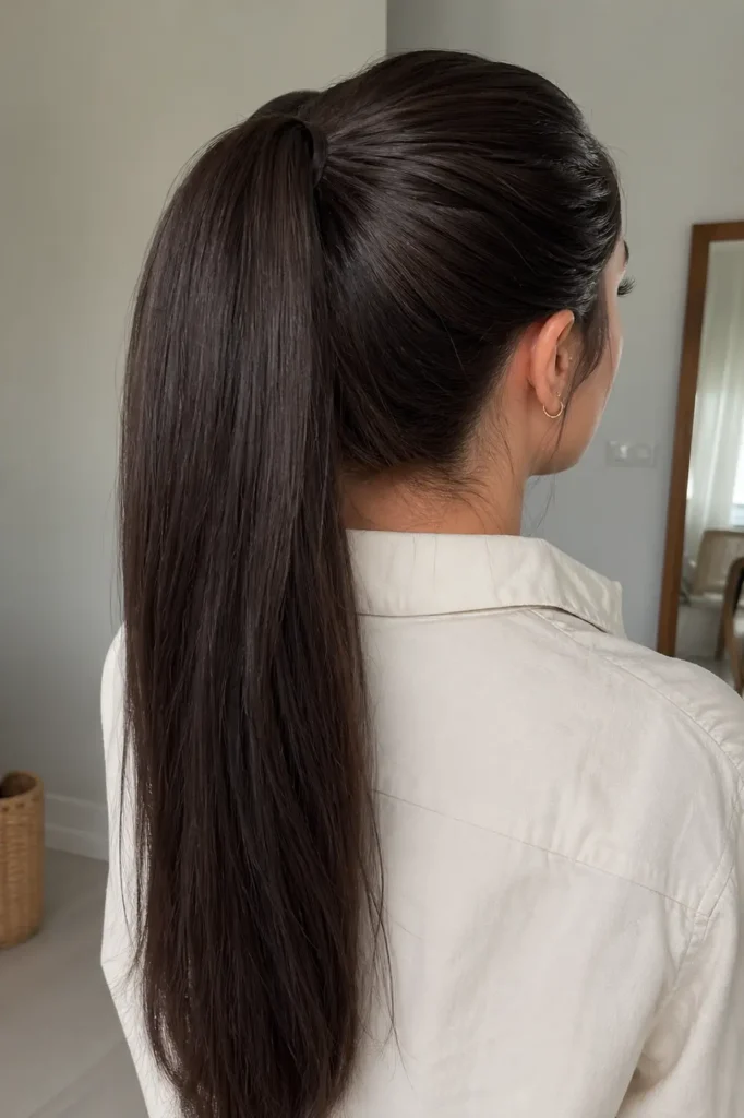 Young woman viewed from the back with sleek high high ponytail in dark chocolate espresso hair, glossy straight strands, minimal makeup, wearing a light-colored shirt in a softly lit indoor portrait, focus on hairstyle detail and hair shine.