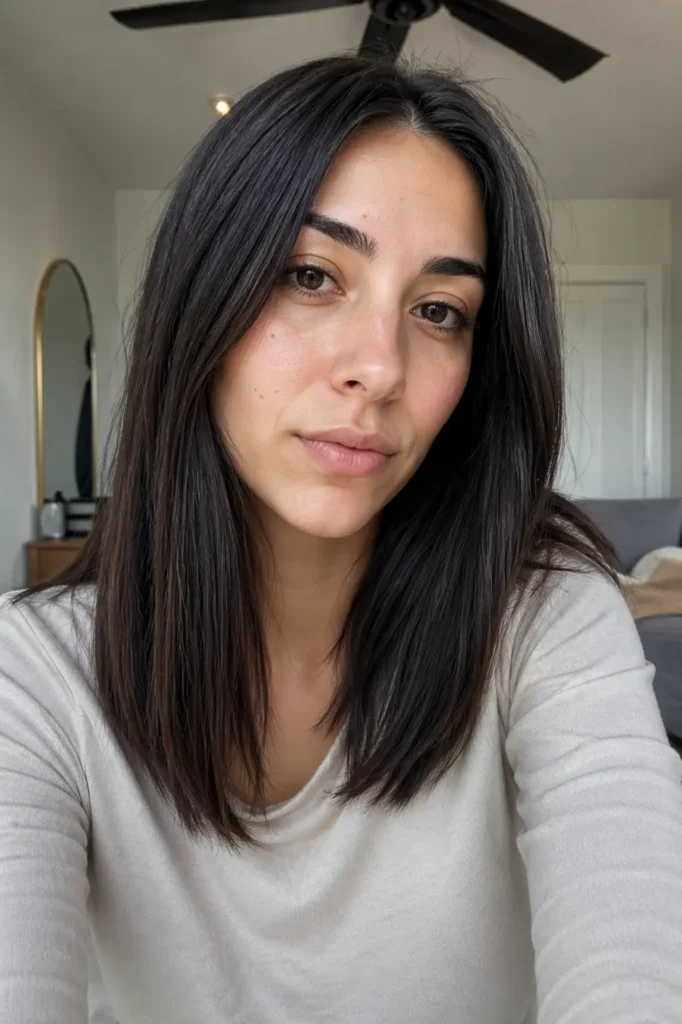 young woman with a sleek, straight long bob hairstyle looks into the camera in a softly lit indoor setting