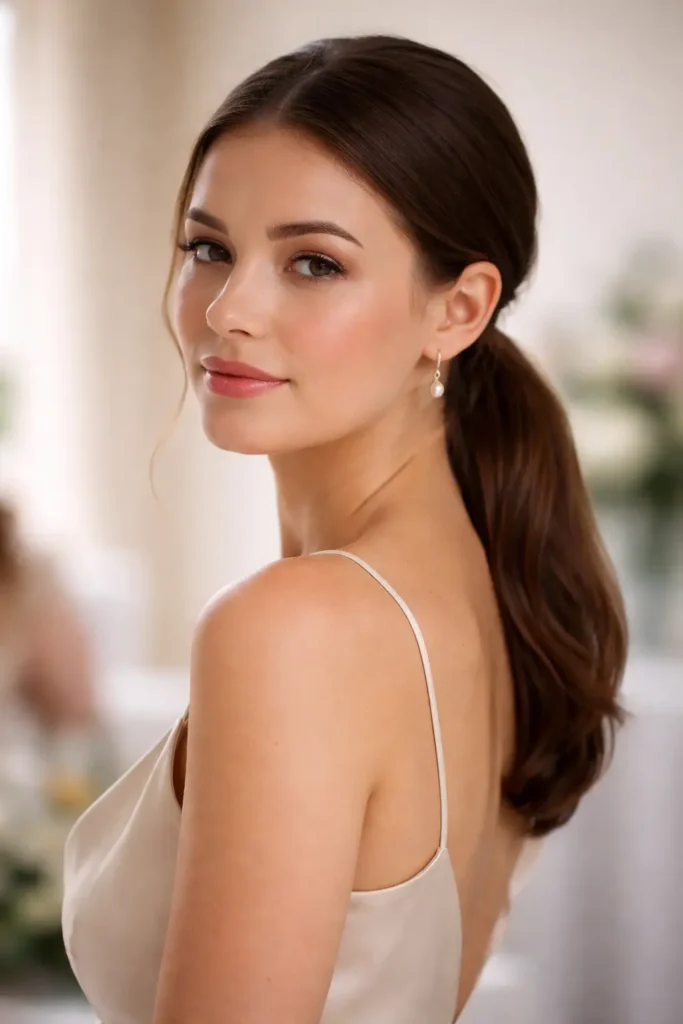 a young woman wearing a minimalist bridesmaid dress, styled with a sleek low ponytail wrapped at the nape and natural makeup. She is softly lit with neutral lighting, showing authentic skin texture in a candid wedding photography style.