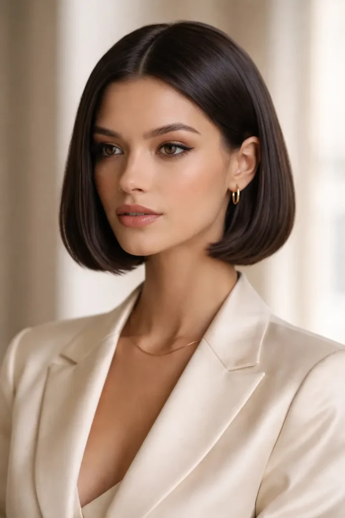 Sleek middle part old money bob haircut on elegant woman with smooth straight glossy dark hair, minimalist luxury style portrait with natural lighting and refined classic look.