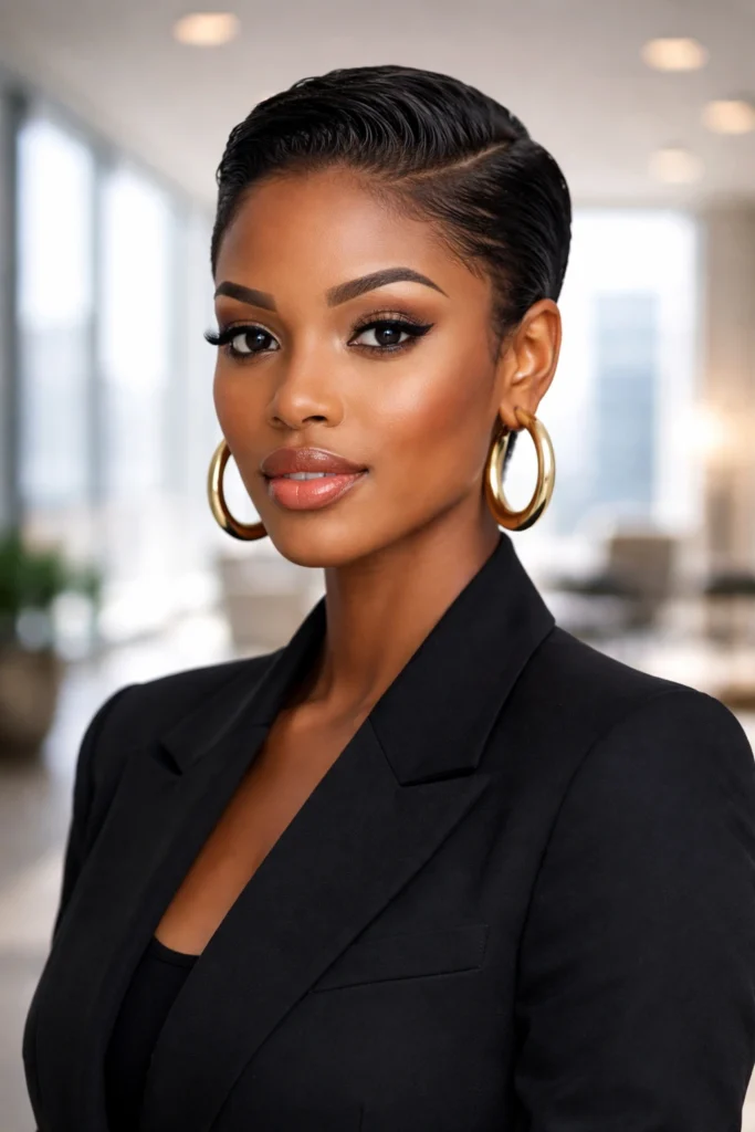 a woman with a sleek, slicked-back short natural hairstyle and neatly tapered sides, wearing a tailored black blazer and large gold hoop earrings, set against a blurred modern high-end office background.