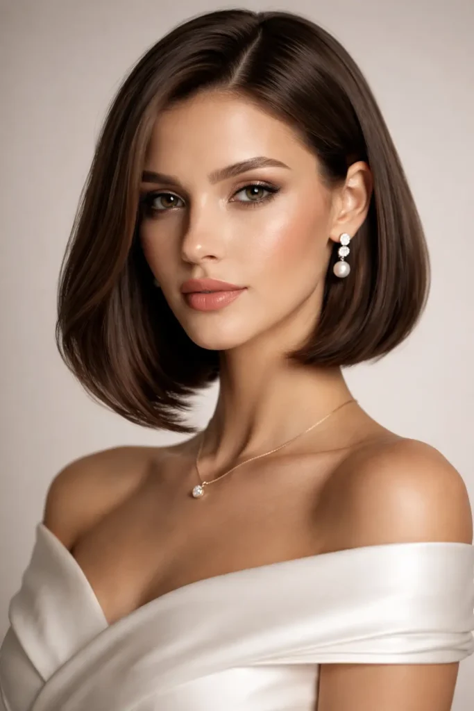 Elegant woman with a sleek tapered old money bob haircut, featuring longer front layers and glossy, polished hair. Styled in a luxurious studio setting with soft lighting, showcasing realistic hair texture and a sophisticated, refined look.