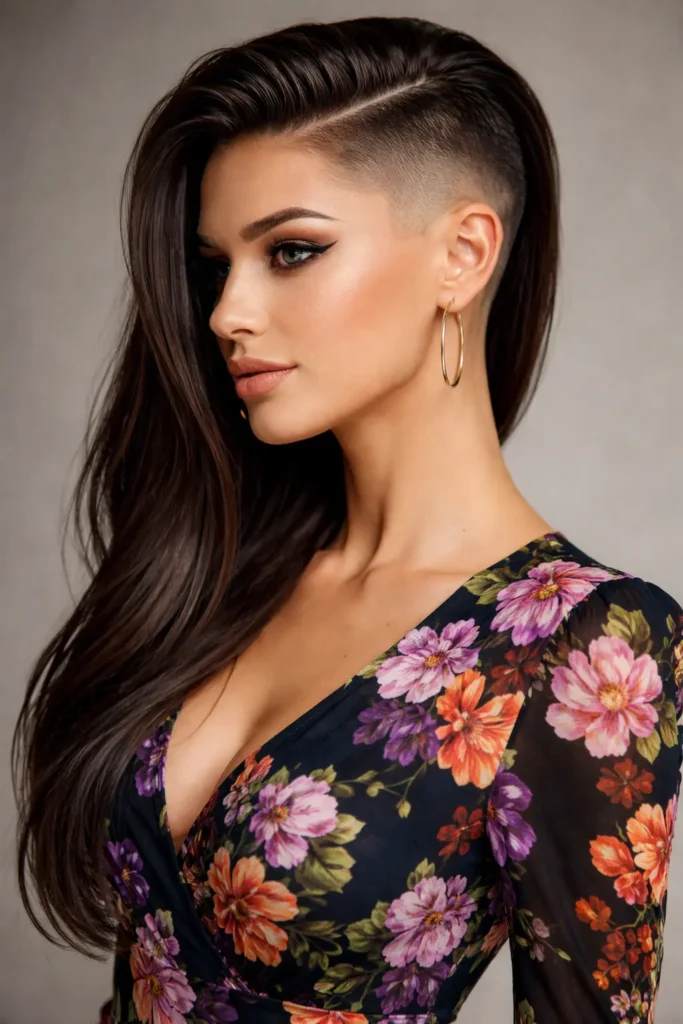 Girl with undercut fade hairstyle featuring a smooth transition from shaved sides to long sleek hair, modern edgy look, wearing a floral printed dress, high-detail portrait with soft lighting

