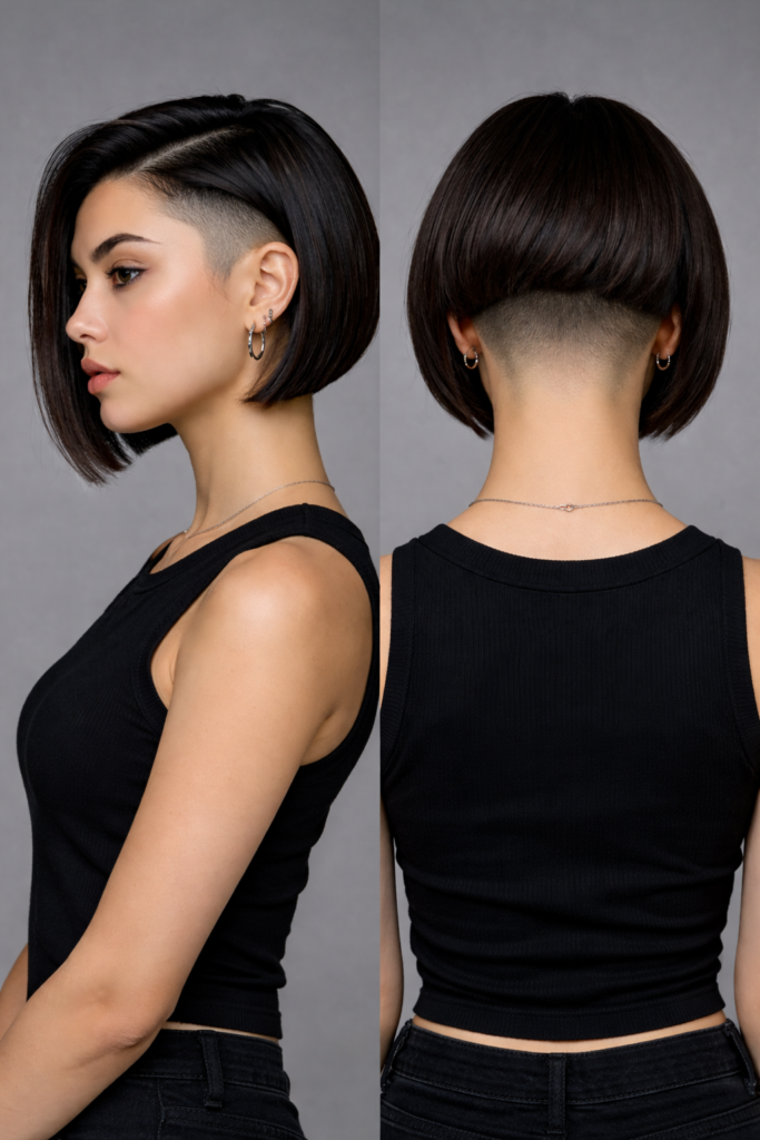 side and back of women with Undercut Bob style