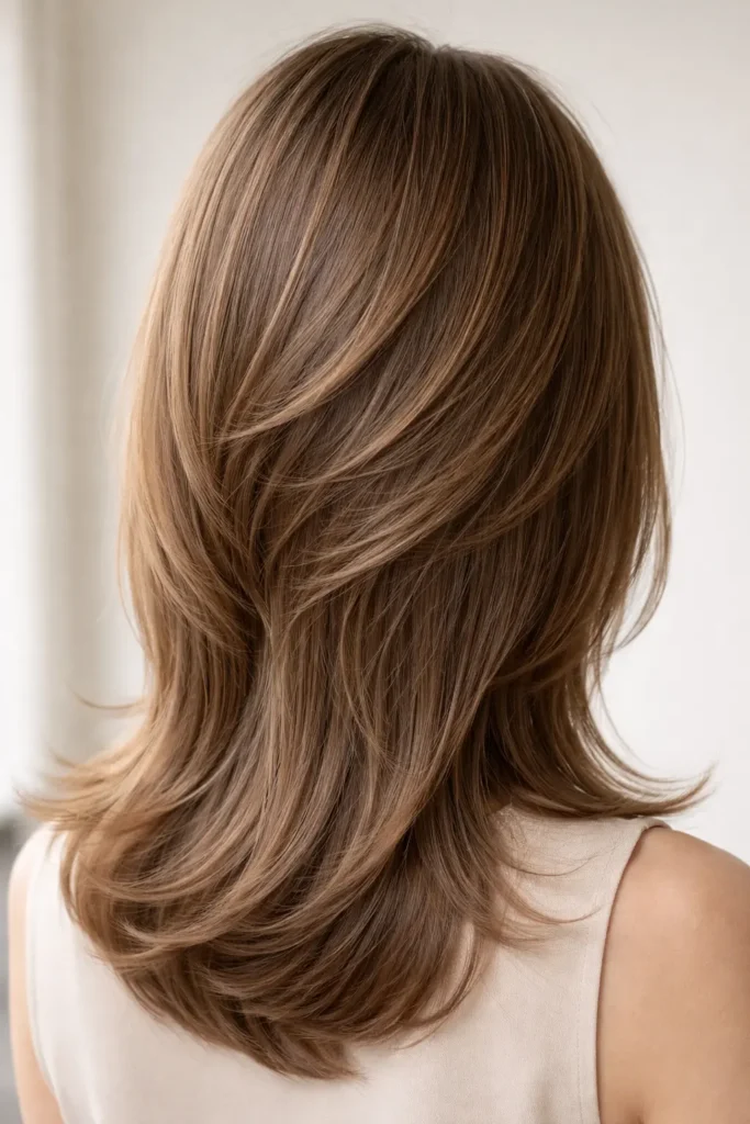 Back view of a woman with a minimalist octopus haircut featuring a subtle layered crown, smooth flowing ends, and soft brown highlighted hair in natural light.