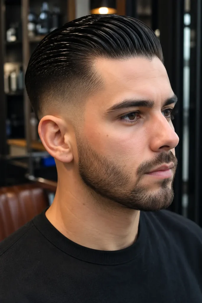 a real man with a slicked-back undercut hairstyle, featuring clean faded sides and a glossy, neatly combed top