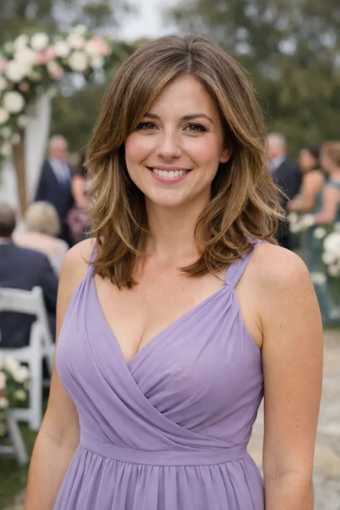 A smiling young woman with shoulder-length softly layered hair stands at an outdoor wedding venue wearing a flowing lavender bridesmaid dress with a wrapped bodice and sleeveless straps. Blurred guests, white chairs, and floral decorations appear in the soft daylight background.