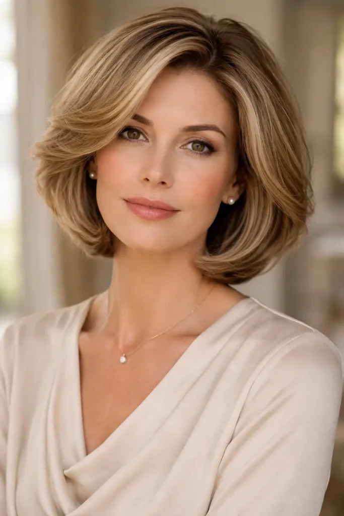 Soft layered old money bob haircut with subtle texture and gentle waves on an elegant woman, featuring natural volume, classy sophisticated style, realistic hair texture, and soft natural lighting.