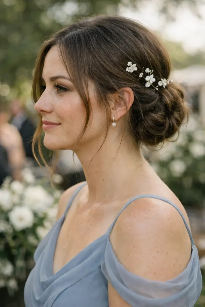 a young woman wearing a soft romantic low bun at the nape, with loose wispy face-framing strands and delicate white floral pins
