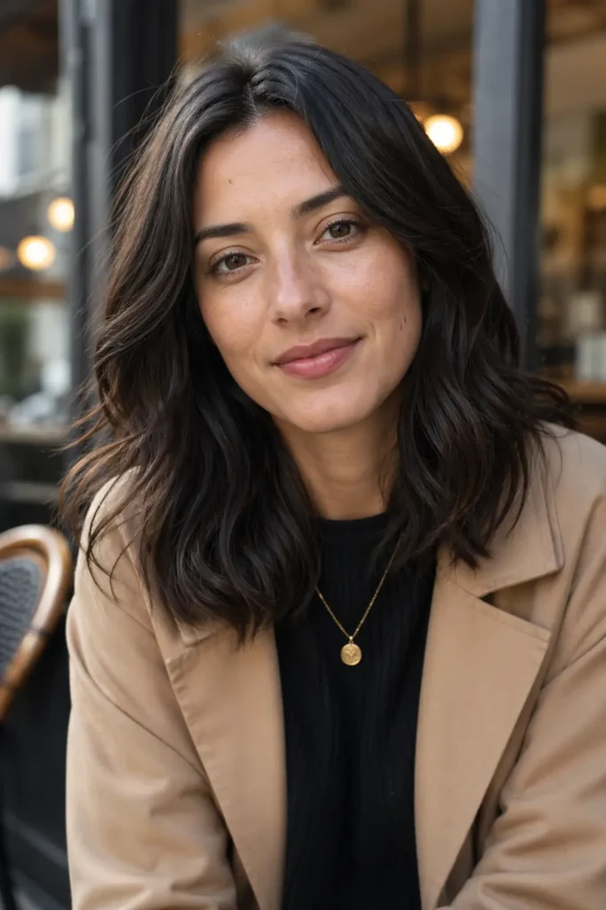 normal woman soft wave long bob gentle curls natural movement outdoor light coffee shop portrait ultra realistic natural skin texture visible pores realistic beauty