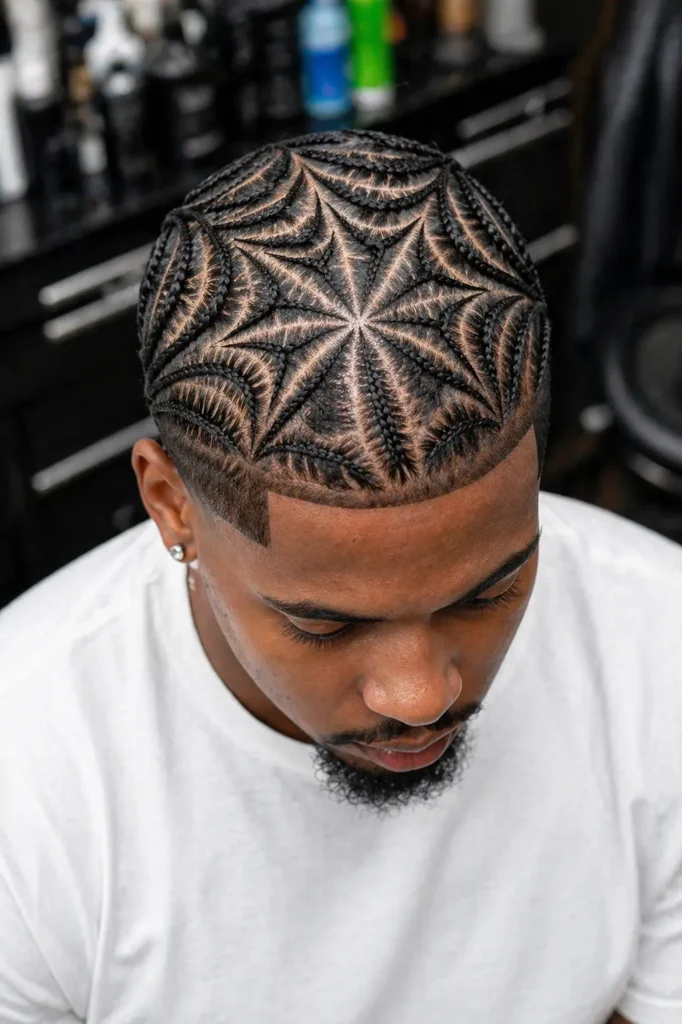 Highly detailed portrait of a man in a barbershop with intricate spider web–style cornrow braids forming a precise circular and radial pattern from the crown, showcasing clean geometric parting lines; his face remains natural and clearly visible, wearing a white shirt