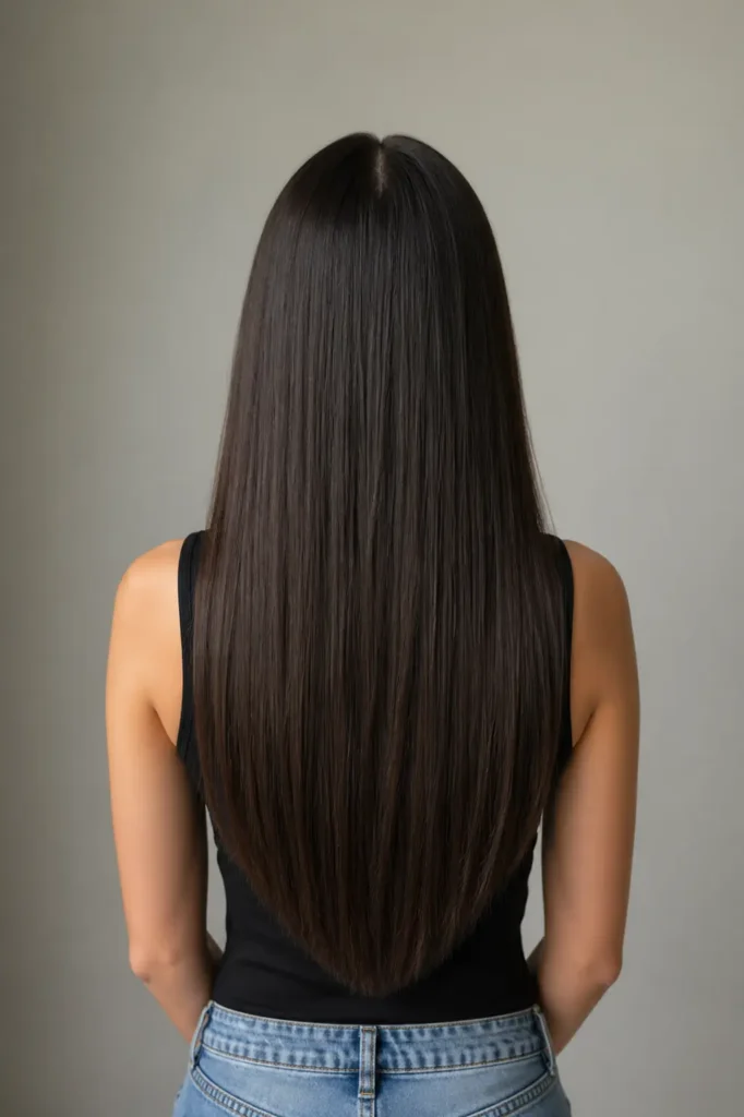 backside of girl with black Straight Center Part Minimal Look 