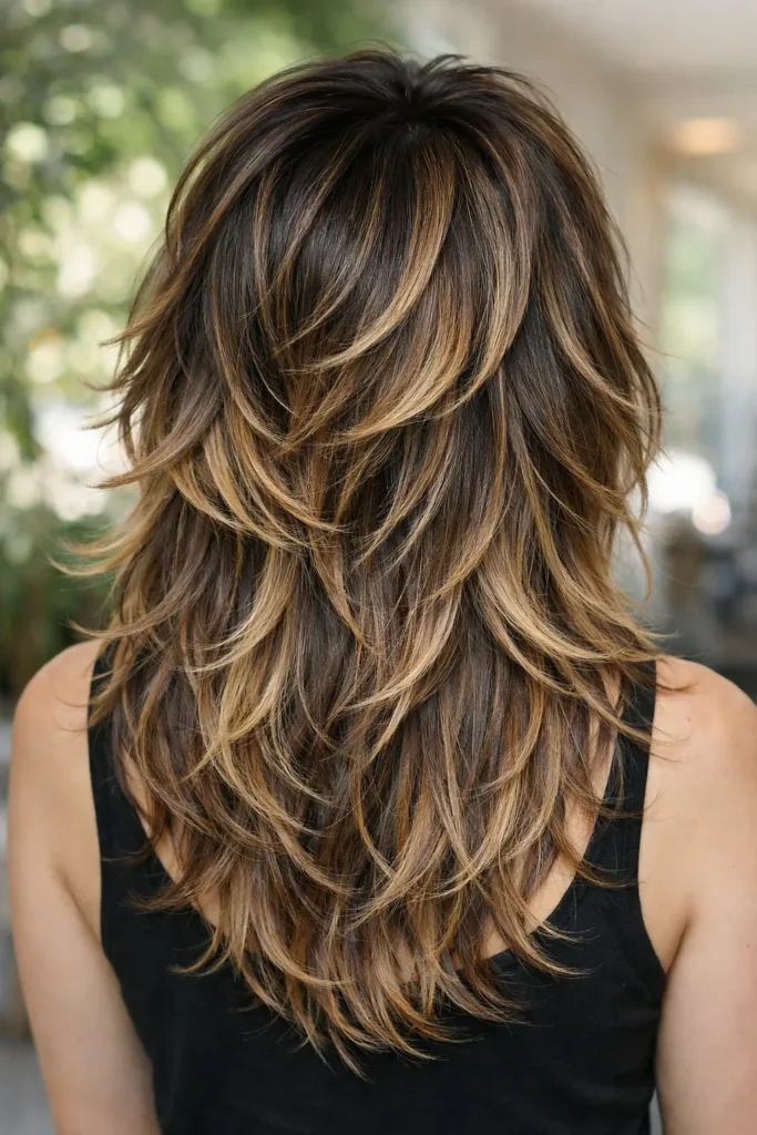 Back view of a woman with a modern octopus haircut featuring voluminous layered crown and flowing textured lengths, enhanced with warm balayage highlights blending through dark brown hair in natural outdoor lighting.