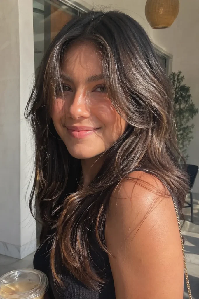 sunlit portrait of a young woman outdoors with layered dark chocolate–espresso brown hair. She is smiling softly, with natural makeup and glowing skin, wearing a black sleeveless top and holding a cold drink.