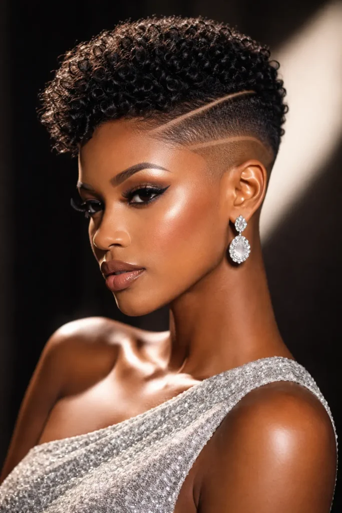 Black woman with a tapered natural haircut featuring tight, defined curls on top and a sharp shaved side part, wearing an elegant silver dress under high-contrast studio lighting, highlighting edgy modern hairstyle details
