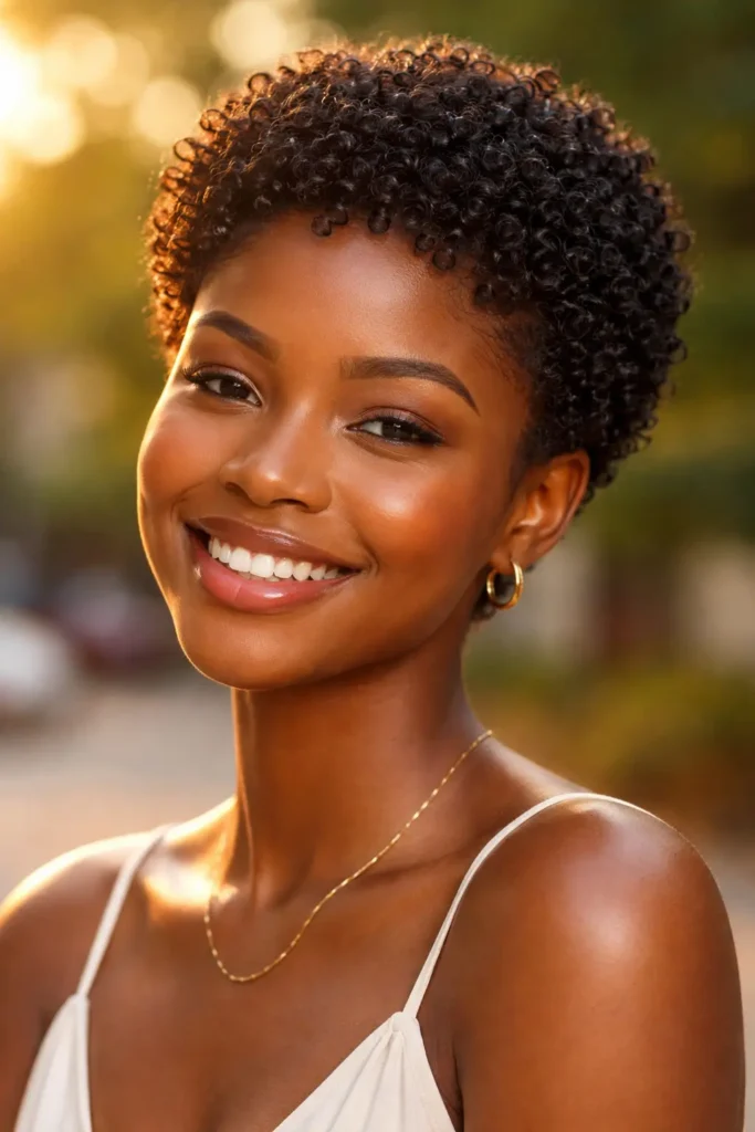 Close-up of a smiling woman with a short, hydrated Teeny Weeny Afro (TWA), showcasing perfectly defined natural 4C curls. She is outdoors in soft evening sunlight, with a warm golden glow highlighting her healthy textured hair and radiant skin.