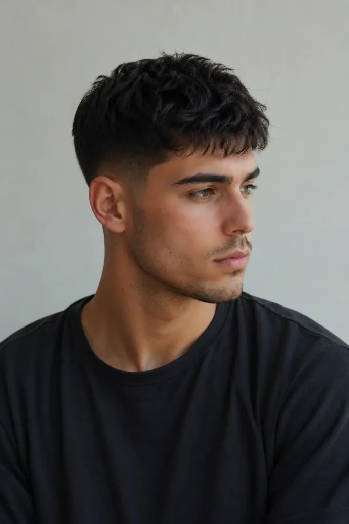 Realistic portrait of a young man with a low taper fade and textured top, natural hair texture, wearing a black t-shirt