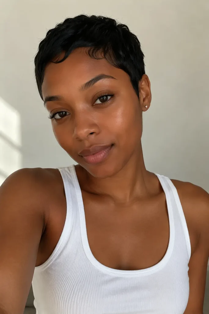 Black woman with very short textured boy-cut pixie hairstyle, soft feminine edges, minimal makeup, wearing a white tank top in a natural light casual portrait setting