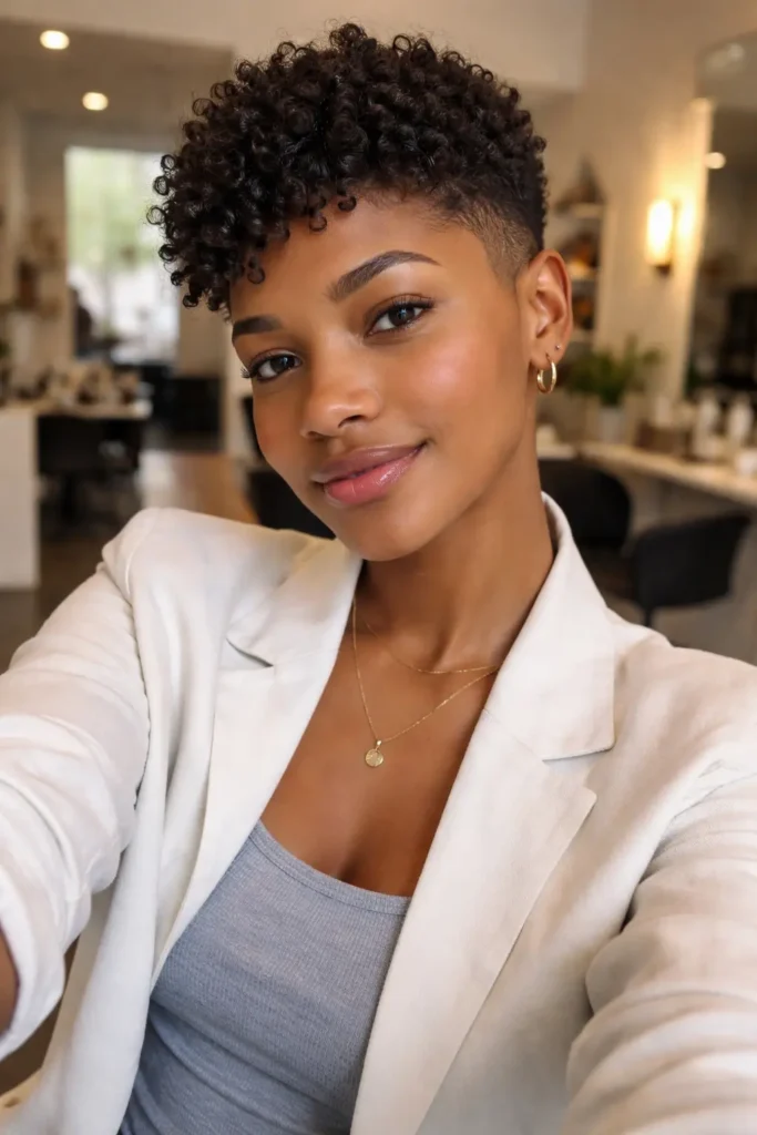 Casual smartphone-style selfie of a young woman with a tapered natural haircut featuring soft textured curls on top and faded sides, wearing a white blazer and minimal gold jewelry, captured in natural light inside a softly blurred modern hair salon.