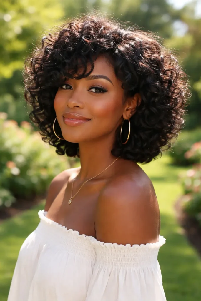 Curly bixie haircut on Black woman with soft, moisturized bouncy curls, shoulder-length layers and shorter back, styled in natural sunlight outdoor garden setting