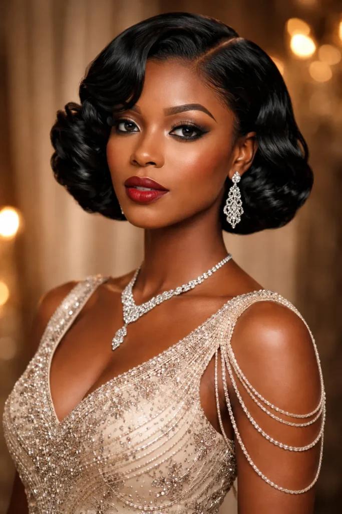 Elegant portrait of a Black woman with a sleek, jet-black chin-length bob styled in glossy finger waves, wearing a vintage beaded evening dress with diamond jewelry, warm lighting, and classic 1920s glamour aesthetic.