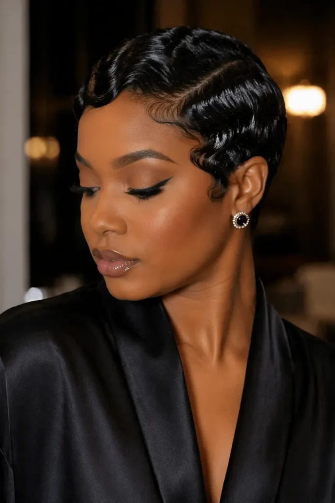 Close-up portrait of a Black woman with a sleek finger wave pixie haircut, glossy sculpted waves, winged eyeliner, and elegant black silk outfit, captured in soft evening lighting with a blurred background.
