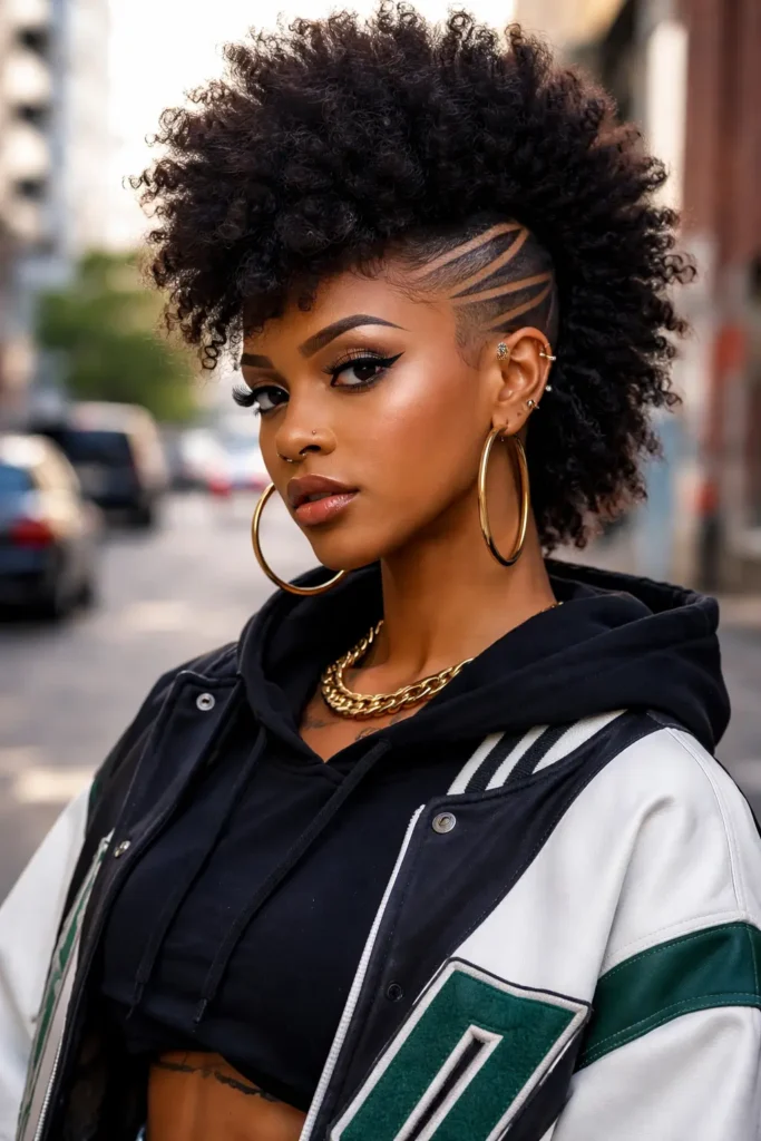 Bold Frohawk hairstyle for Black woman with shaved faded sides and sharp geometric hair design, thick tall afro center, urban streetwear style, modern edgy natural hair look