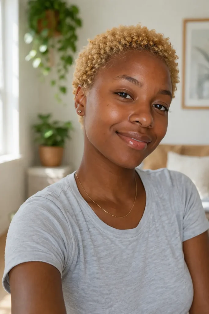 a lady has The Honey Blonde TWA haircut , wearing gray t-shirt