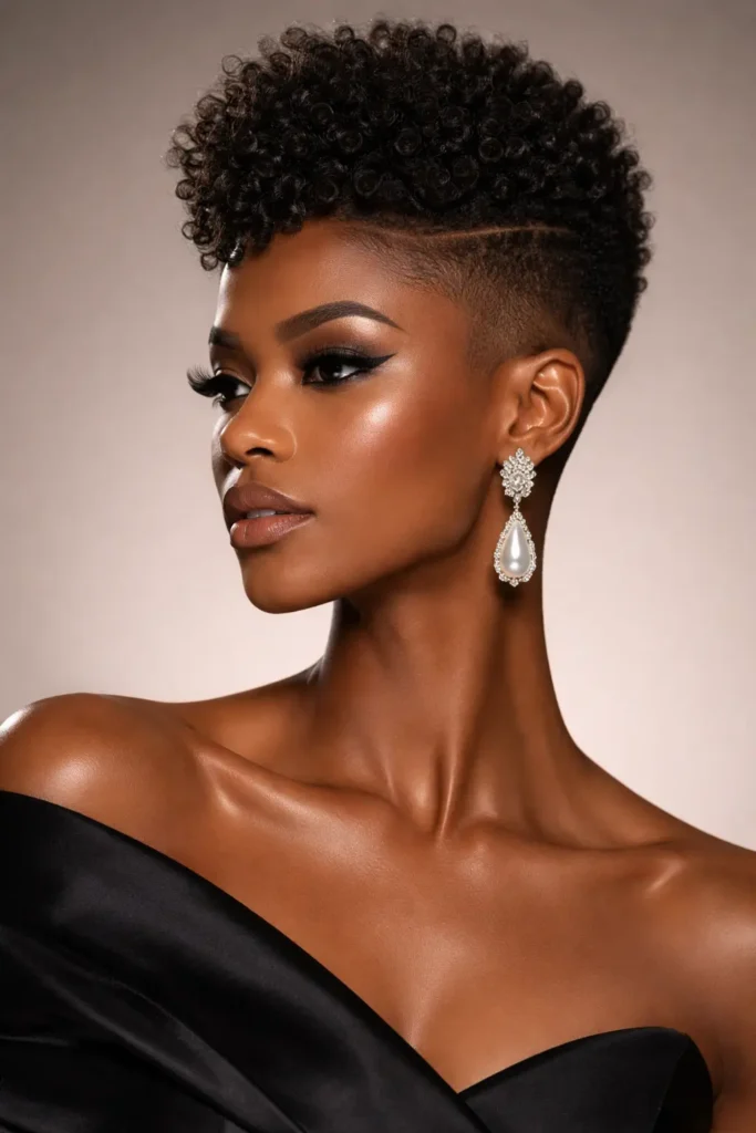 High-fashion portrait of a Black woman with a tapered fade haircut and defined 4C curls, studio lighting highlighting her sharp jawline and elegant drop earrings.