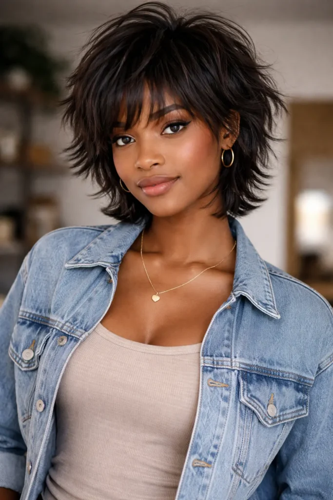 Black woman with a short shaggy wolf cut featuring layered, voluminous hair, wearing a casual dress in a relaxed indoor setting with soft natural lighting