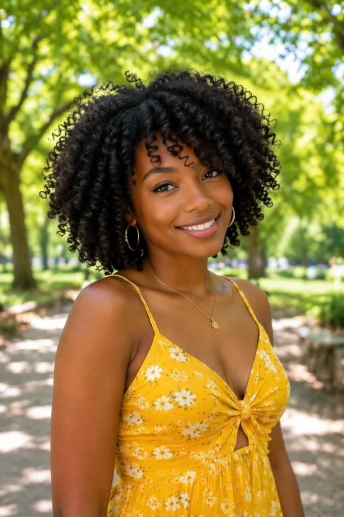 A woman with short, bouncy, voluminous natural curls styled in a wash-and-go, wearing a bright yellow sundress, standing outdoors in a sunlit park with soft light filtering through green trees