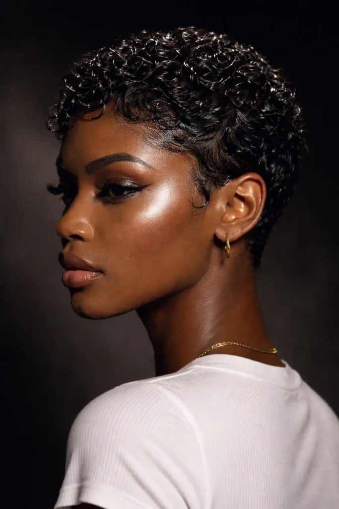 Black woman with short, tight glossy wet-look curls wearing a white T-shirt, captured in moody artistic lighting with focus on hair texture and radiant skin in a high-resolution close-up portrait.