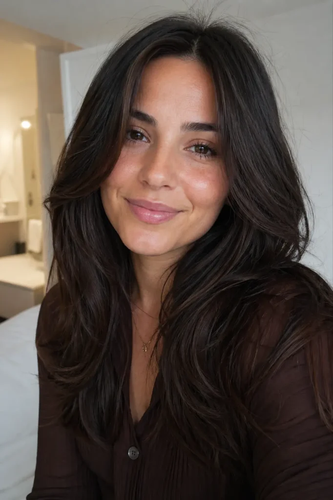 a young woman with soft, natural makeup and long, layered dark brown hair with subtle espresso highlights. Her hair looks glossy and healthy, framing her face in loose waves.