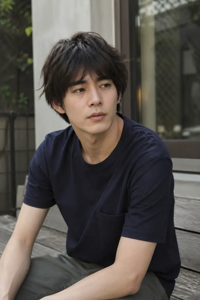 A  man with medium-length layered, tousled hair and natural texture sits casually on a wooden bench outdoors. He wears a simple dark t-shirt