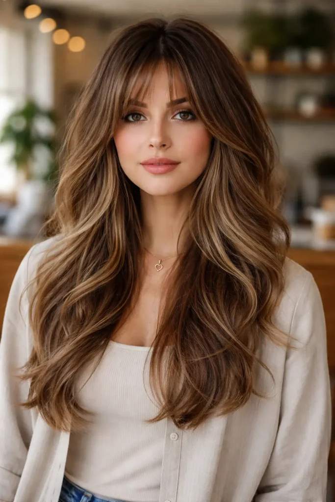 Realistic portrait of a woman with a modern octopus haircut featuring curtain bangs, layered crown volume, and long flowing textured layers, styled in a casual setting with soft natural lighting.