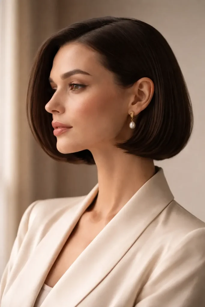 Elegant old money bob haircut with sleek straight tucked-behind-ear hairstyle, minimalist luxury look, soft natural lighting, refined short brunette bob, and realistic high-detail portrait styling.