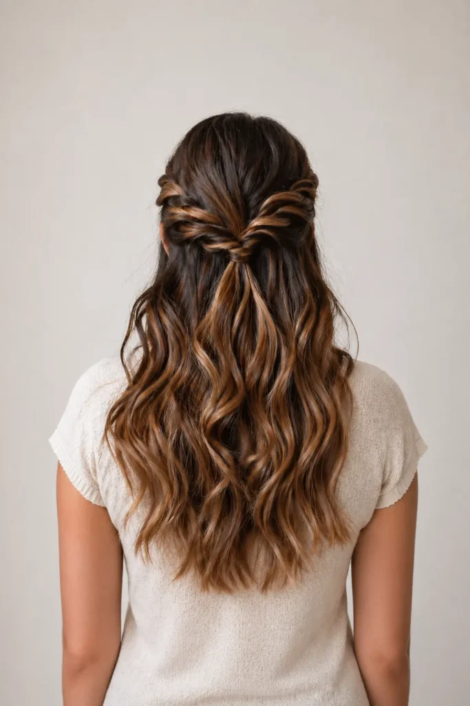 Back view of a woman with long, wavy brown hair styled in a half-up twisted knot, standing against a neutral background.