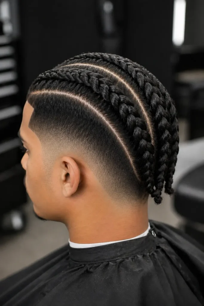 close-up of two-strand braids styled with a clean drop fade, featuring thick rope-like twists with visible texture and precise, evenly spaced scalp parting