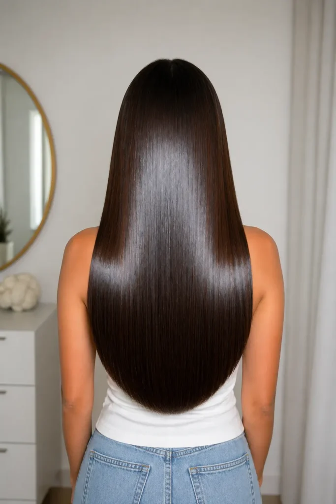 Back view of a woman with ultra-sleek, straight, center-parted dark hair featuring a mirror-like glossy shine, shown against a clean minimal indoor background with soft lighting