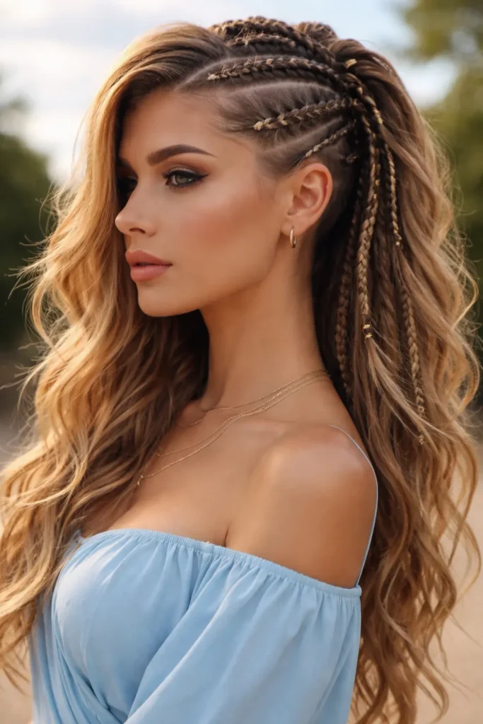 Undercut with Braids of long wavy hairs in skyblue dress