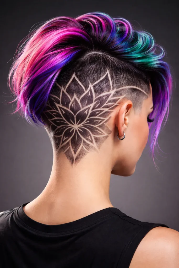Undercut hairstyle with shaved floral and geometric design, vibrant multicolor hair