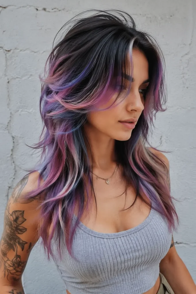 Realistic portrait of a girl with a vibrant pastel octopus haircut, featuring layered crown volume and long flowing textured layers in pink, purple, and blue tones, wearing a casual dress.