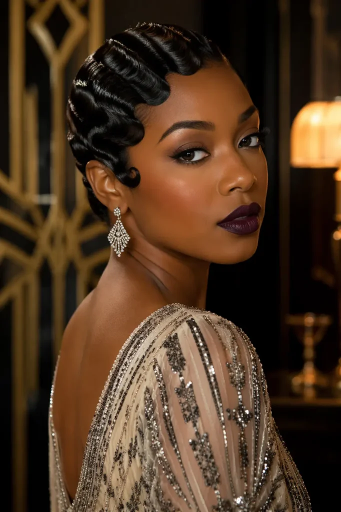 a woman with sleek, glossy finger waves styled on short natural hair, featuring perfectly sculpted waves with a high-shine finish. She wears a vintage-inspired beaded gown, chandelier earrings, and deep plum lipstick in a warm