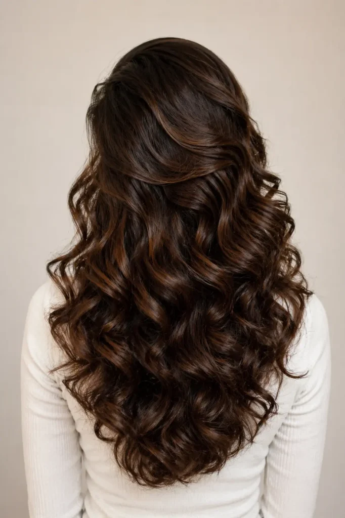 Back view of a real young woman with voluminous, deep side-parted curls cascading down her back, rich dark brown hair with subtle warm highlights, full-bodied bounce and dimension, soft studio lighting, and a clean neutral background with no face visible.