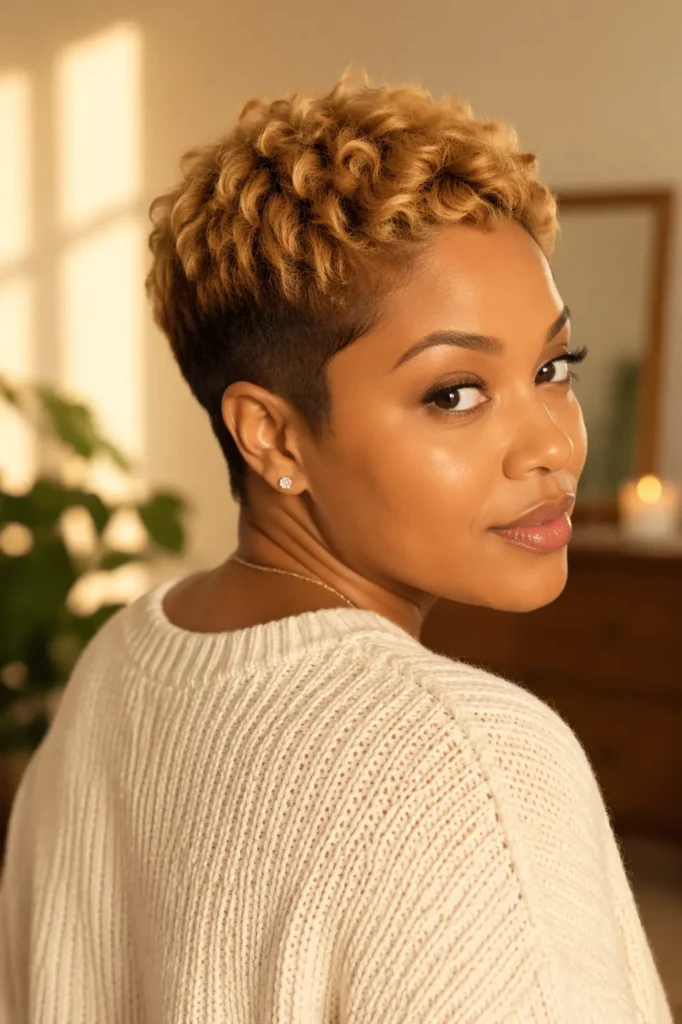 Woman with a short natural pixie cut dyed honey blonde on top with a dark tapered nape, wearing a cream knit sweater and looking over her shoulder in soft golden indoor lighting.