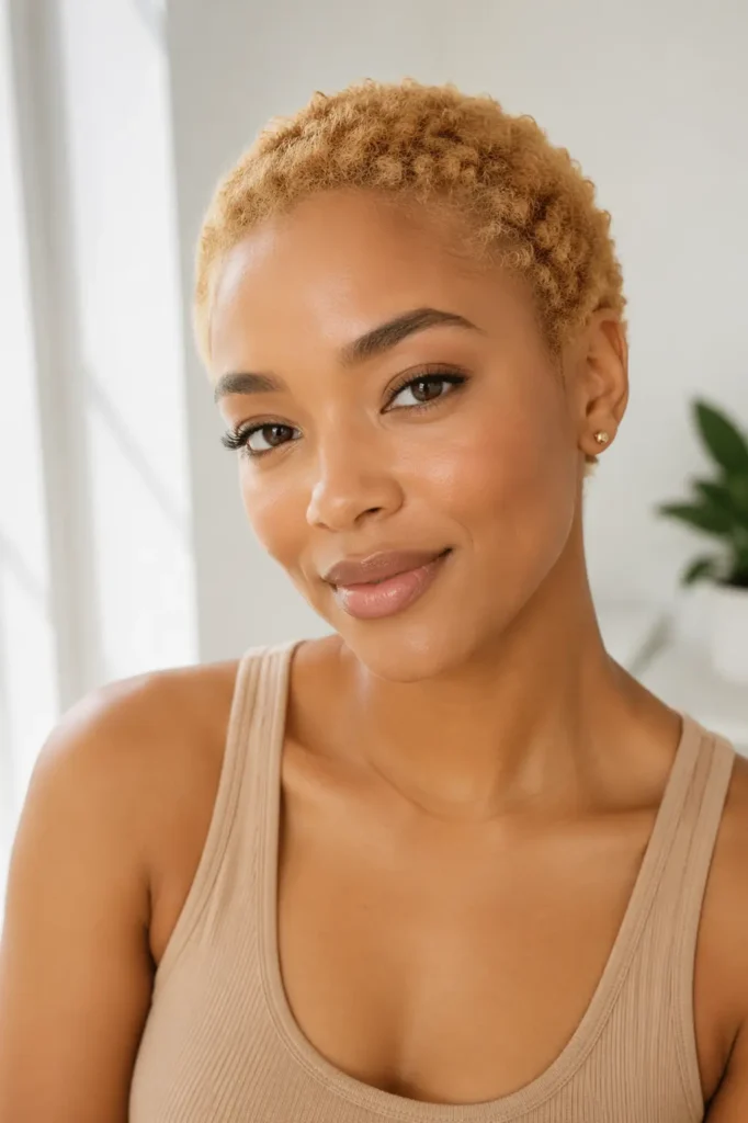  a woman with a very short honey blonde dyed afro hairstyle, wearing a tan tank top in bright, airy natural lighting.