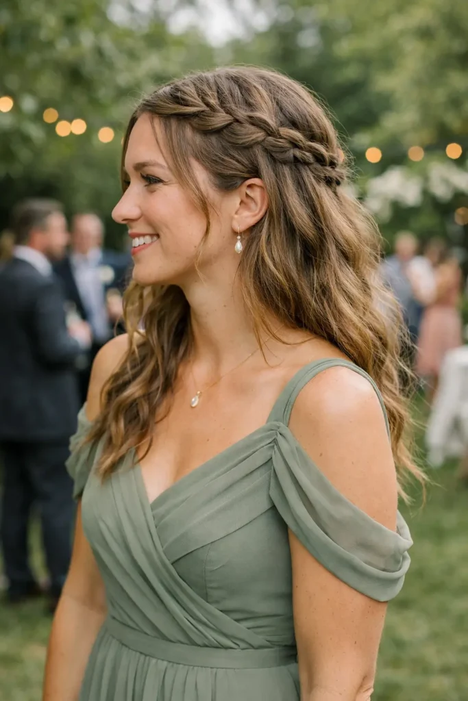 a young woman smiling in profile. She has light brown hair styled in a waterfall braid with soft natural waves and a slightly loose, textured finish. She wears a sage green off-the-shoulder bridesmaid dress with elegant draped fabric, delicate drop earrings, and a small pendant necklace. The background shows blurred wedding guests, greenery, and warm string lights in soft daylight.